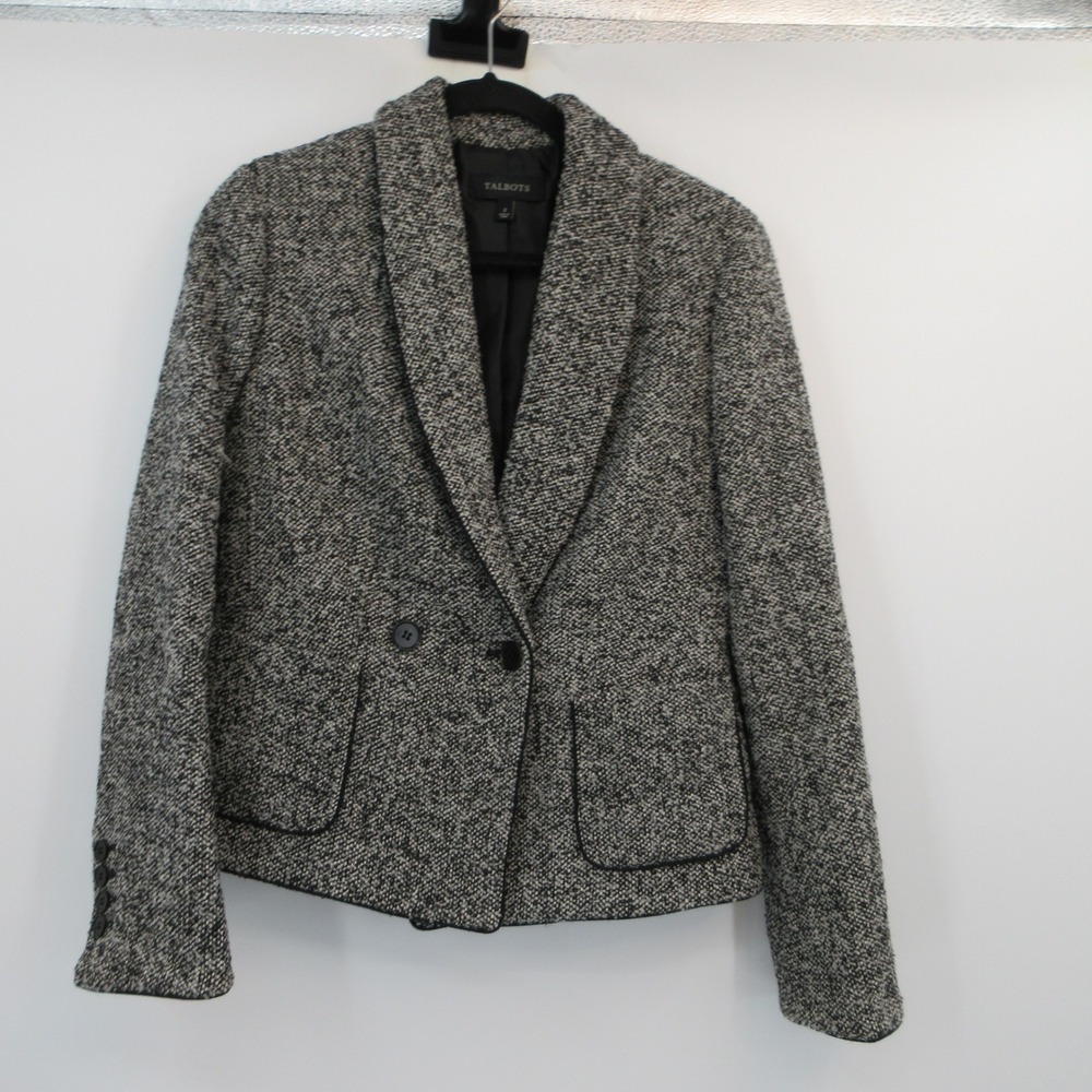 Talbots Womens Black White Wool Blend Tweed Shawl Collar Blazer Jacket Size 2